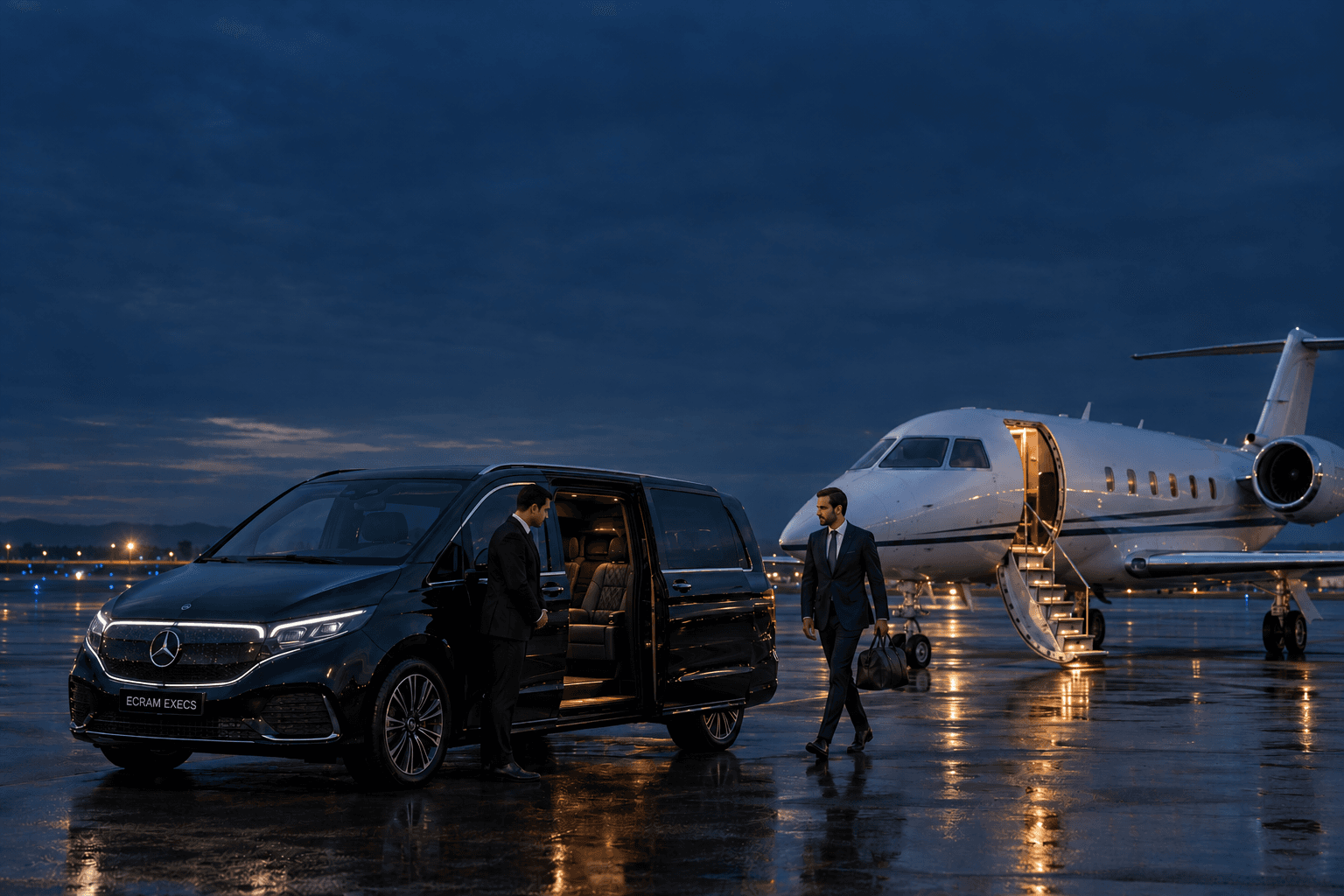 Ecram Execs chauffeur waiting beside an electric Mercedes VLE as an executive leaves a private jet at dusk